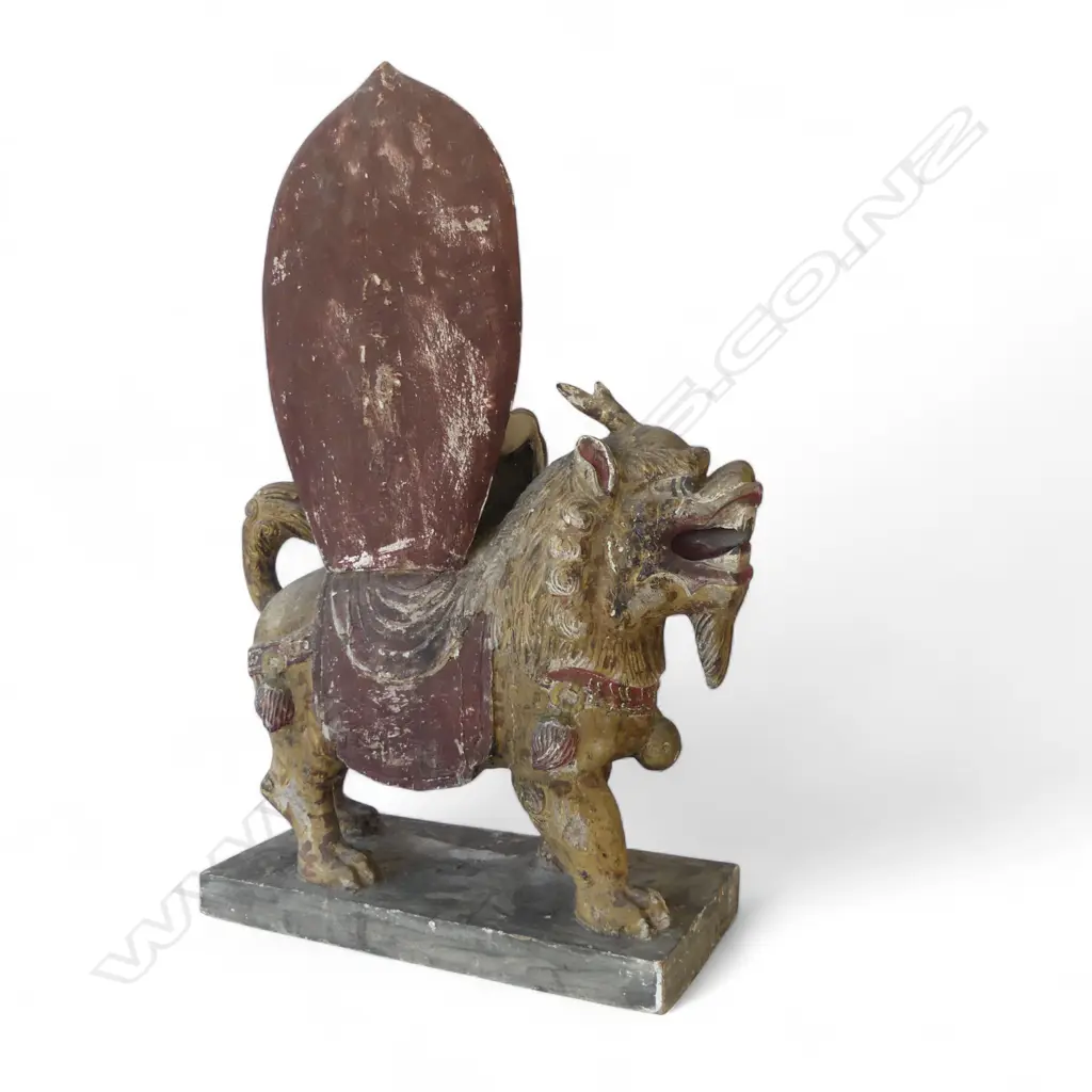 Chinese wood and gesso Buddha figure seated on mythological lion dog, Image 1++